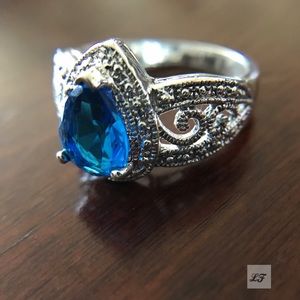 Dark Blue Topaz Teardrop .925 Sterling Silver Ring